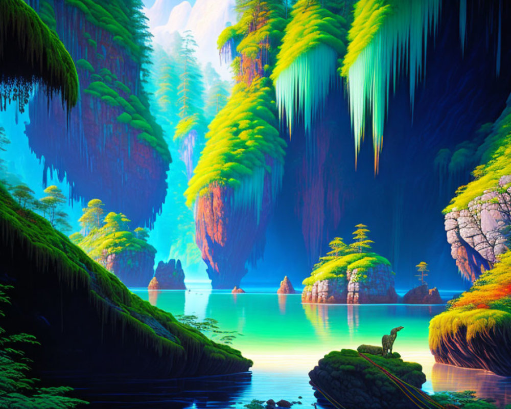 Lush greenery, turquoise waters, mossy rocks, lone figure in vibrant digital landscape