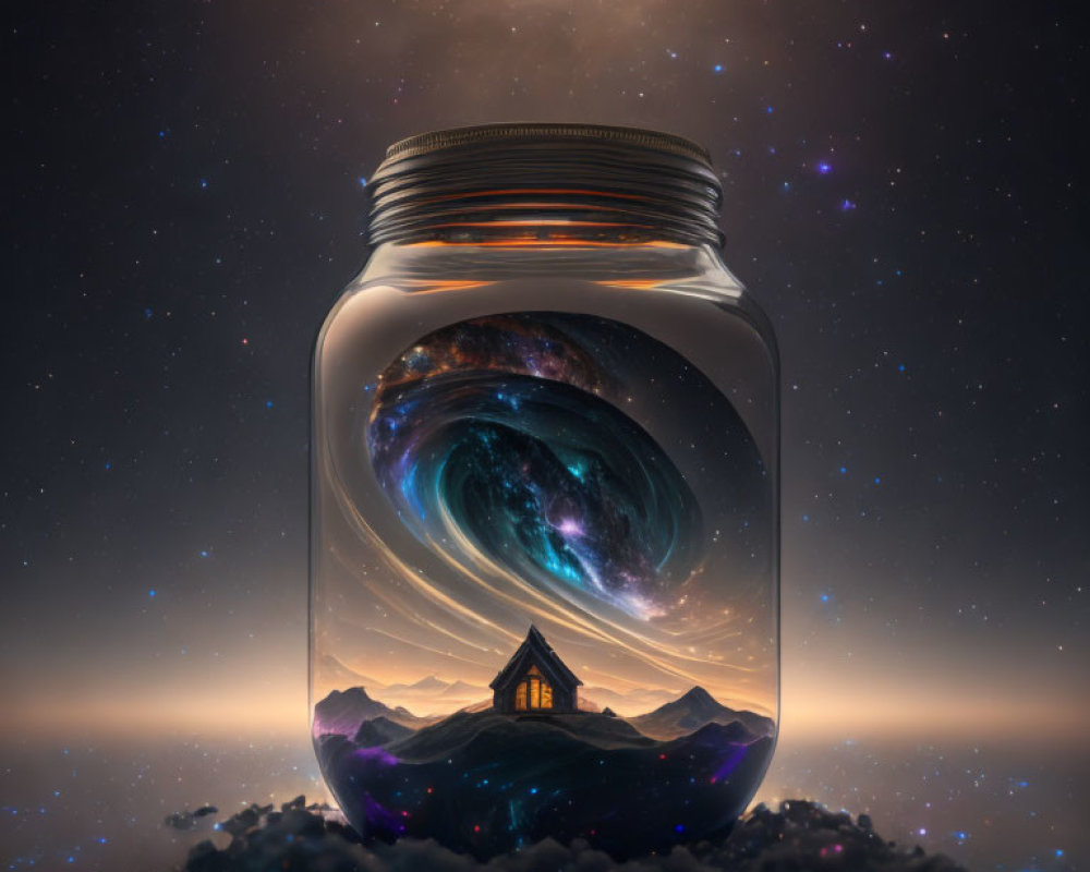 Galaxy swirling in glass jar on mountain ridge under starry sky