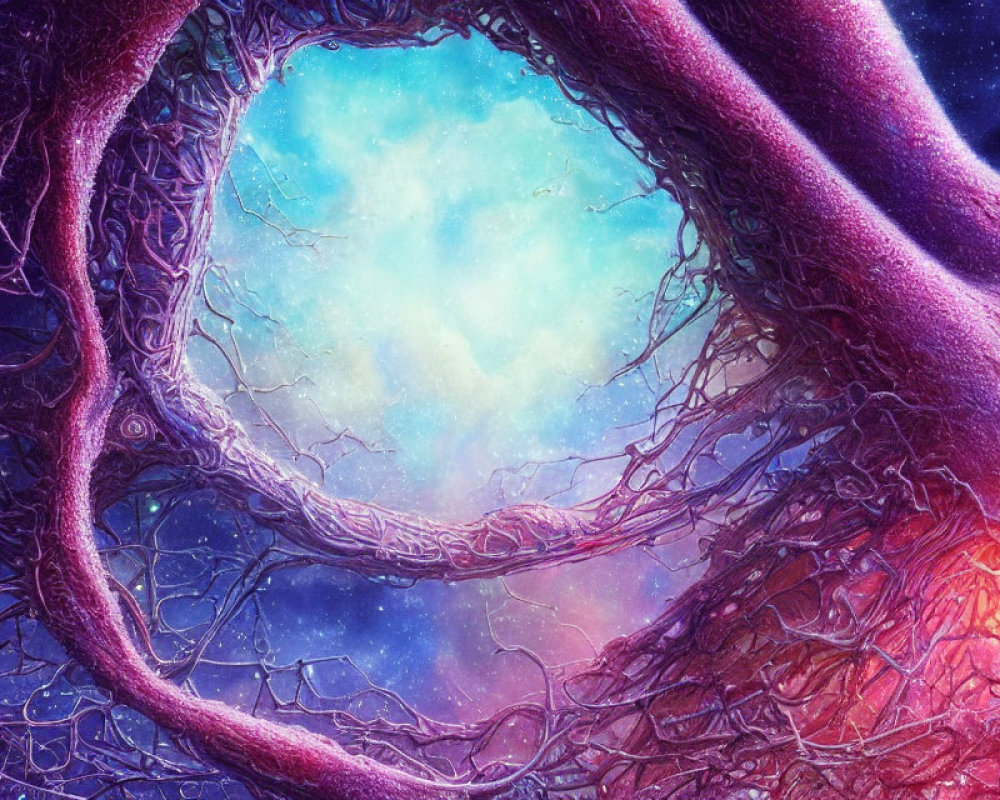 Vibrant cosmic scene with twisted tree-like structure