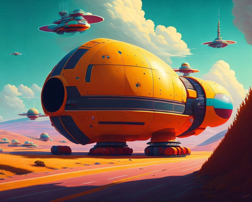 Colorful retro-futuristic spaceship illustration with orange oval craft landing among flying spacecraft