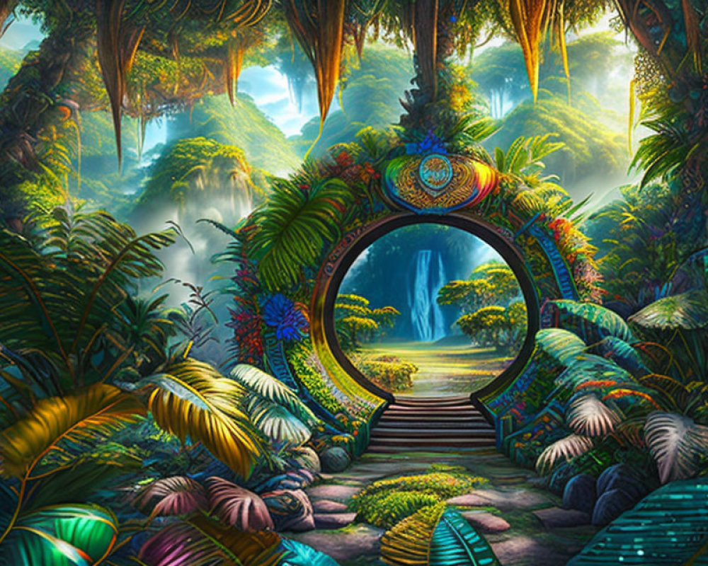 Colorful circular gate in vibrant mystical forest with distant waterfall