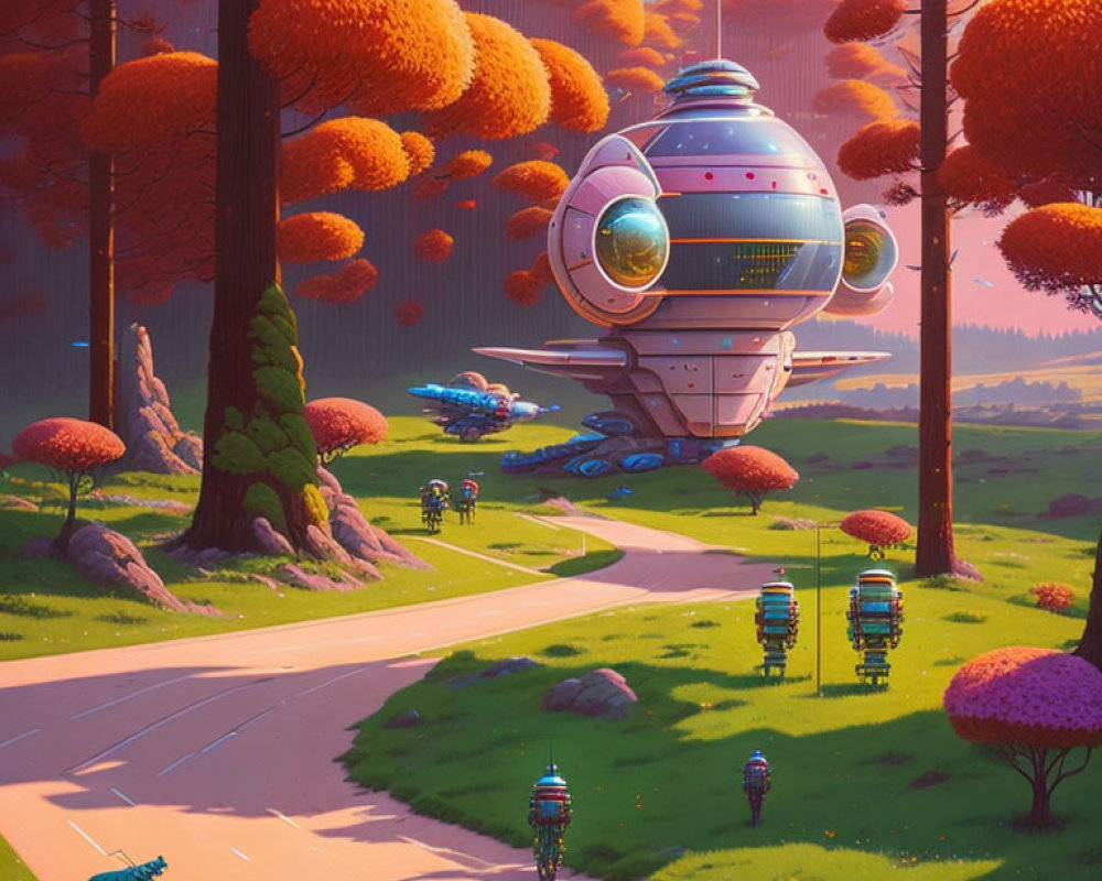 Futuristic landscape with hovering spaceship and robots walking dogs in vibrant setting
