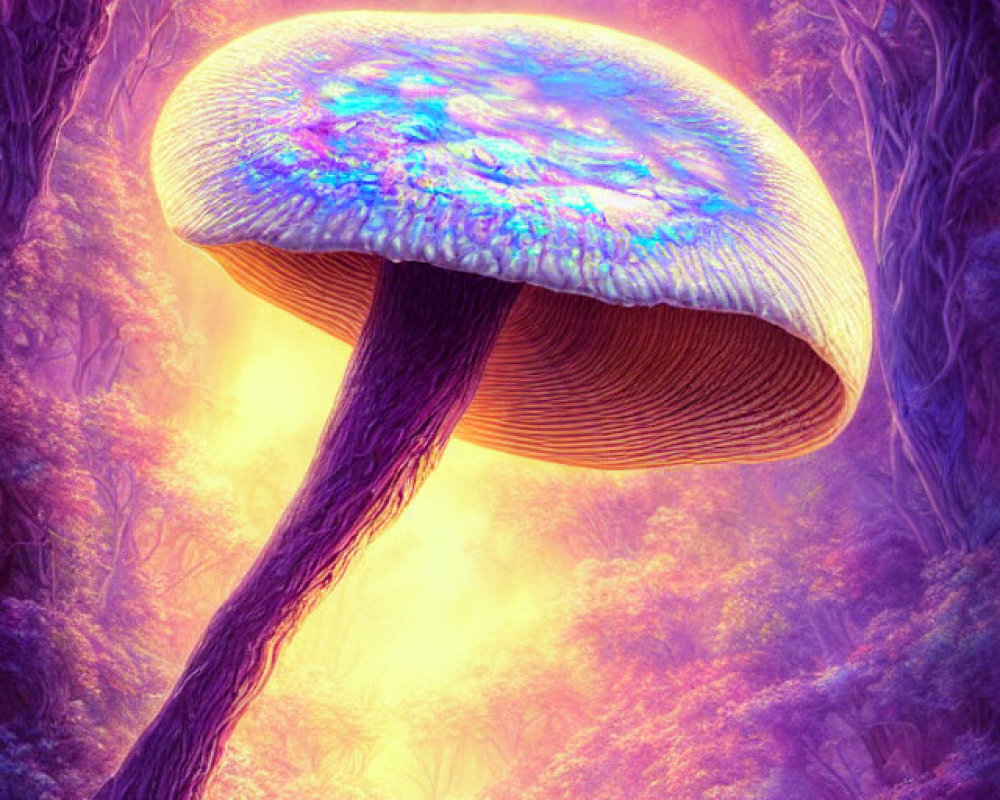 Woman sitting on luminous mushrooms in mystical forest with large iridescent mushroom against purple and golden backdrop