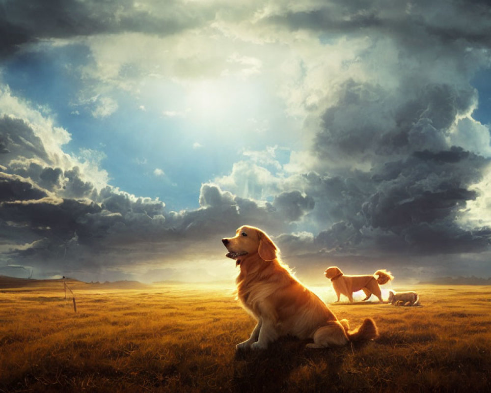 Three Golden Retrievers in Sunlit Field with Dramatic Clouds