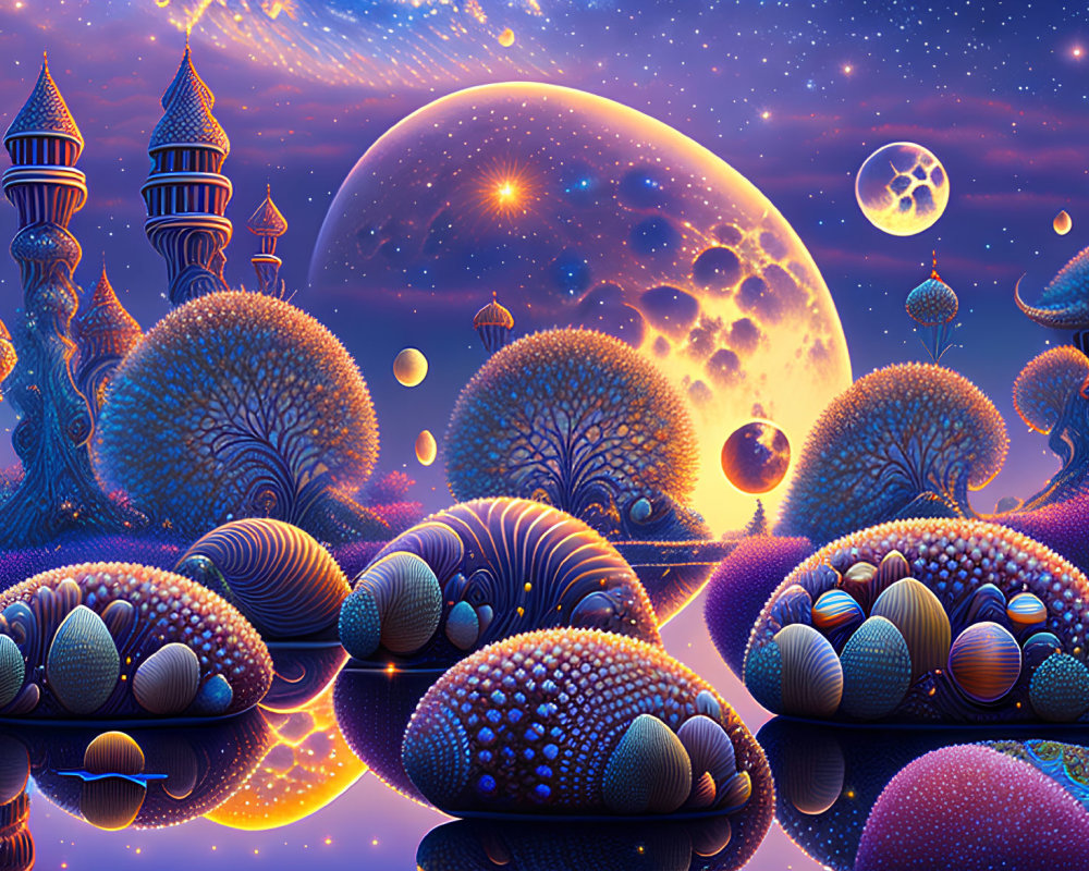 Colorful whimsical landscape with moon, trees, and water under starry sky