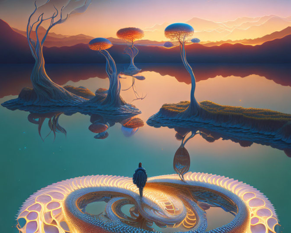 Intricate circular platform with water, planets, nebulae, and mushroom-like trees