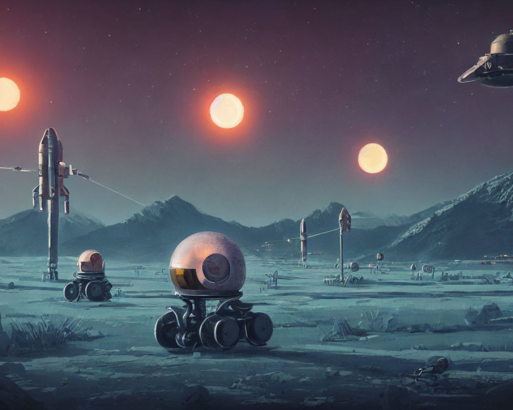 Futuristic sci-fi artwork with robots, spacecraft, and multiple suns on an alien landscape