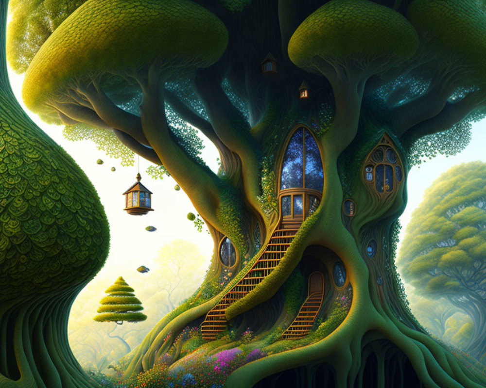 Fantasy treehouse with winding staircase and magical forest ambiance