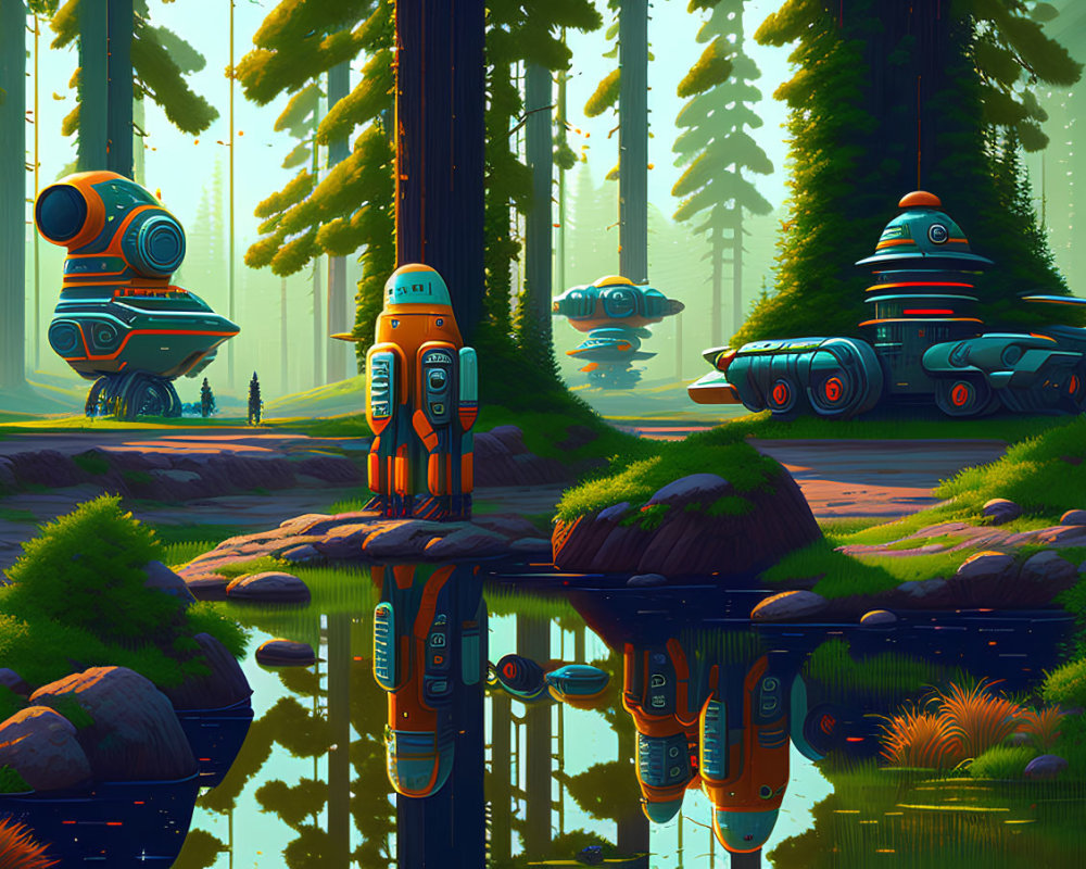 Futuristic robots in vibrant forest scene with reflective lake