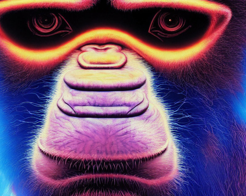 Vibrant gorilla face artwork with blue and pink hues