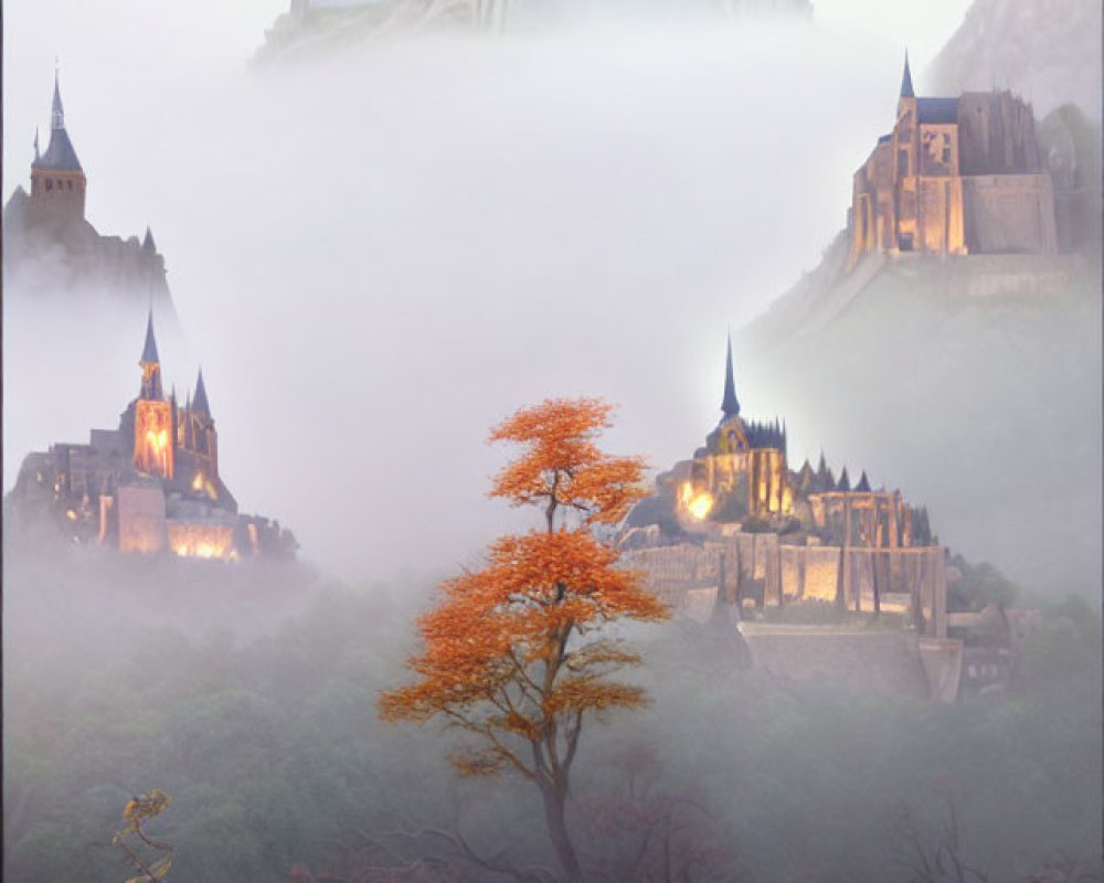 Misty landscape with hilltop castle, orange-leafed tree, and rolling fog