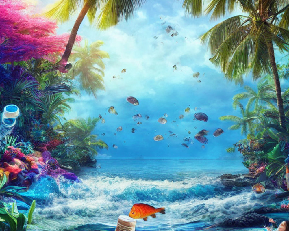 Vibrant surreal tropical landscape with floating fish and ocean blending with the sky