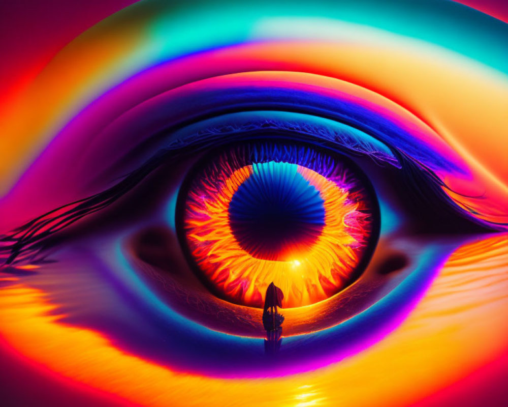 Vivid surreal image: person facing giant fiery eye