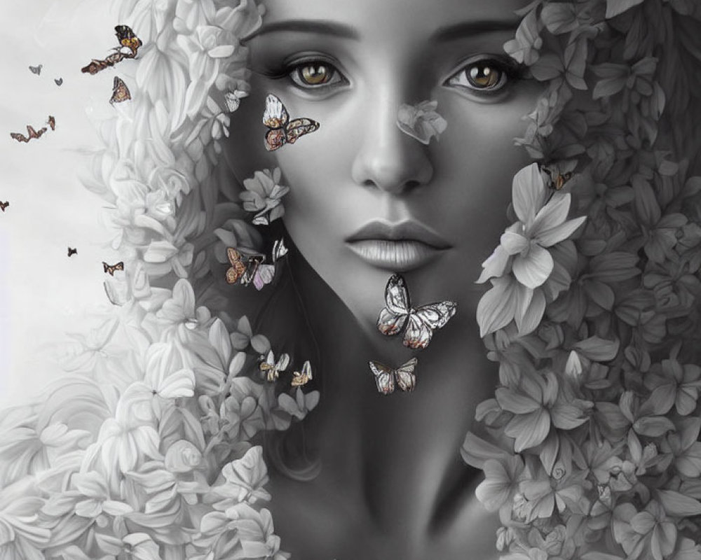 Monochromatic portrait of woman with flowers and butterflies