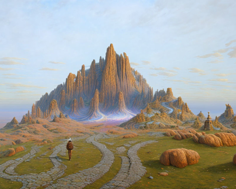 Knight walking on winding path towards mystical mountains in grassy landscape.