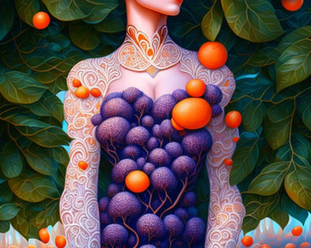 Stylized illustration of woman with intricate patterns among leaves and fruit in blue and orange hues