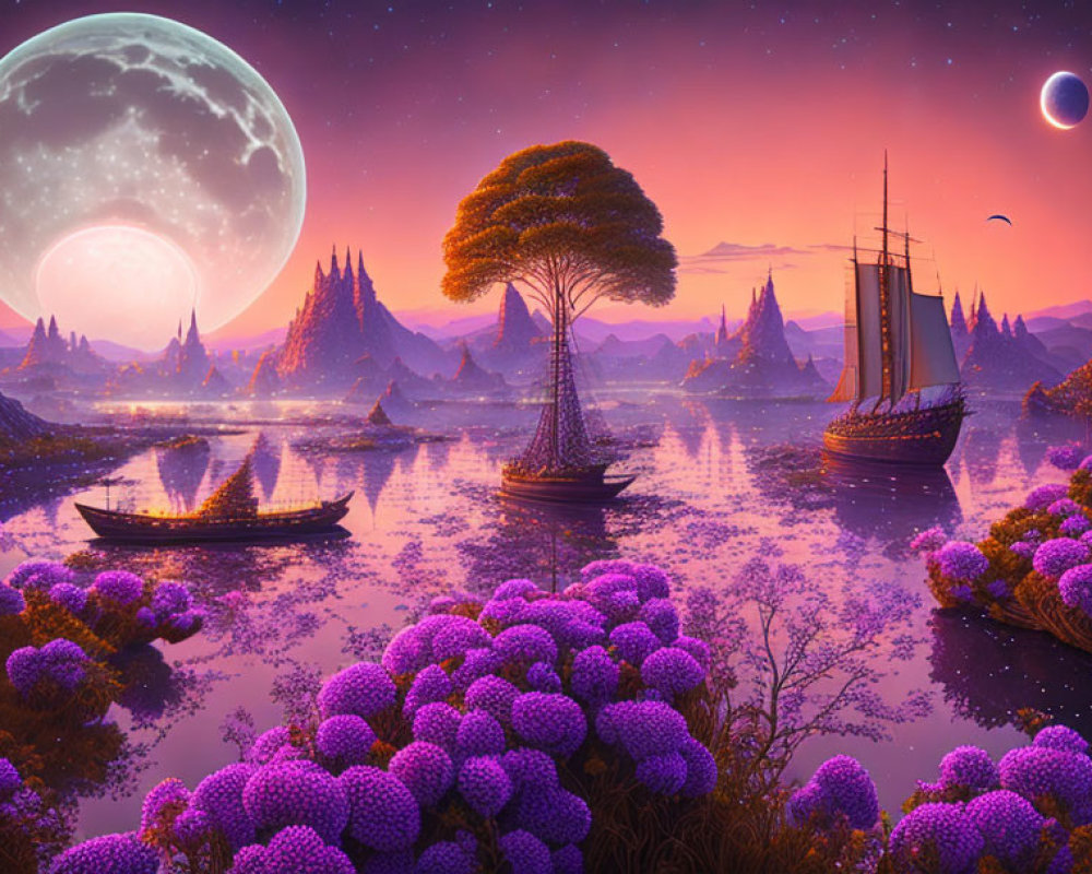 Fantasy landscape with purple flora, sailboats, mountains, and celestial bodies