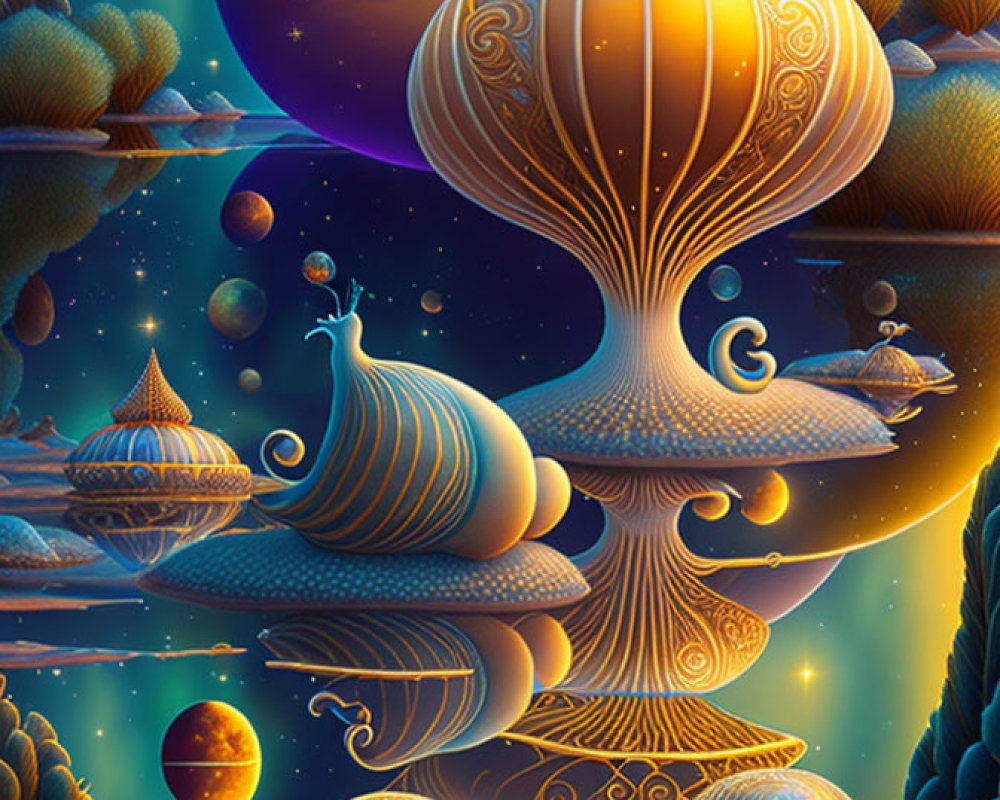 Colorful digital artwork featuring fantasy peacock structures in celestial setting