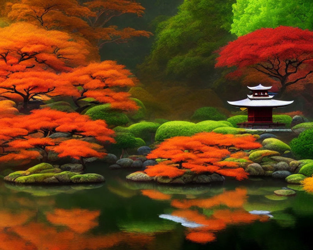 Tranquil Japanese garden with pagoda, colorful foliage, and serene pond