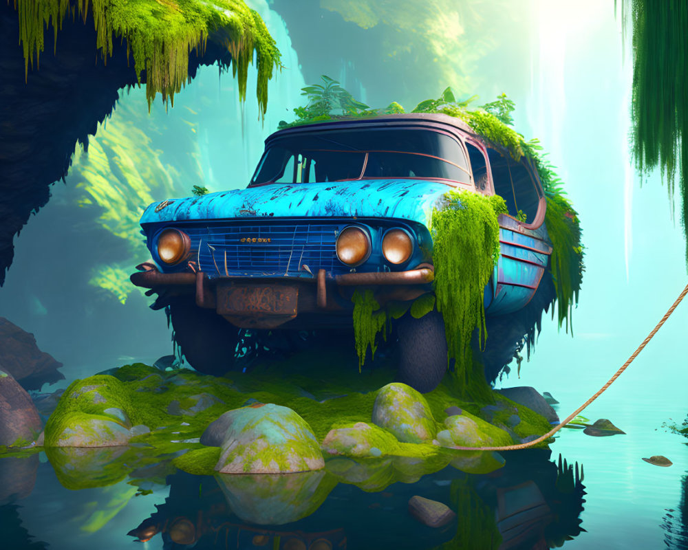 Overgrown moss-covered blue car in misty swamp with lush greenery