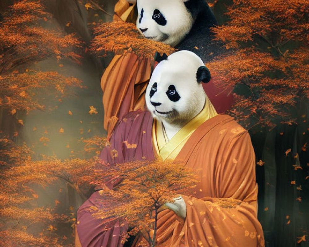 Two people in panda and monk outfits meditate with golden pot in autumn leaves