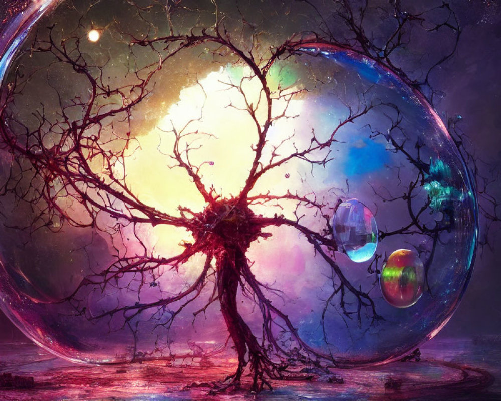 Fantasy artwork of tree in bubble with celestial bodies at dusk