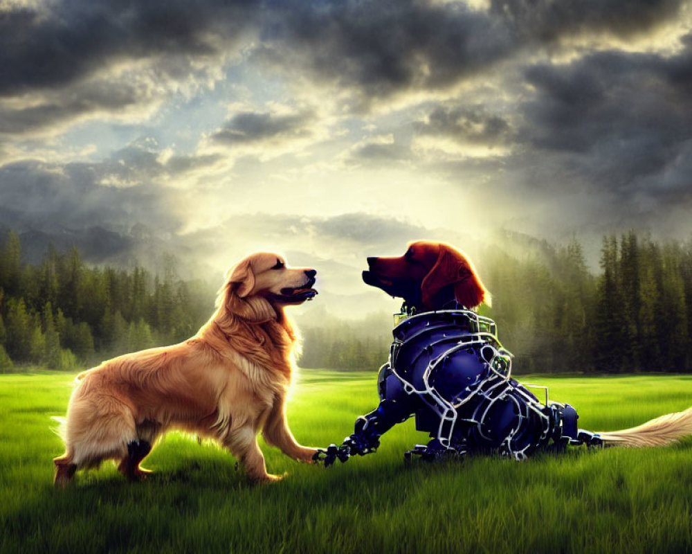 Golden Retriever and Bionic Dog Meet in Grassy Field