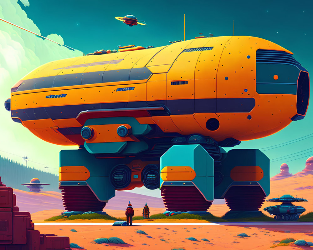 Futuristic sci-fi landscape with yellow spacecraft, alien flora, and teal sky