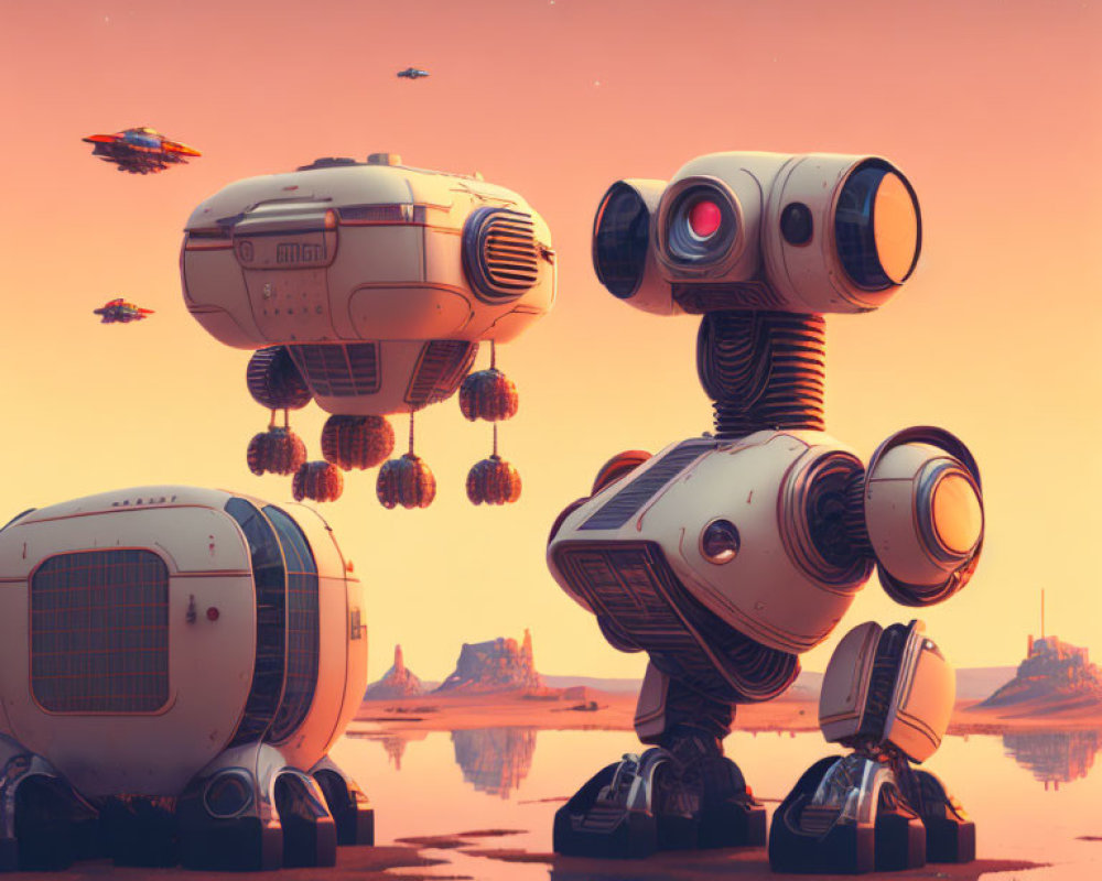 Spherical-bodied robots with multiple limbs by water at sunset