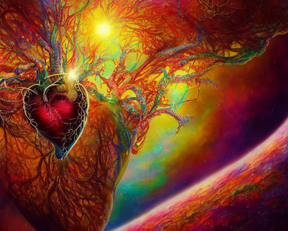 Colorful digital artwork: Heart-shaped tree in cosmic setting