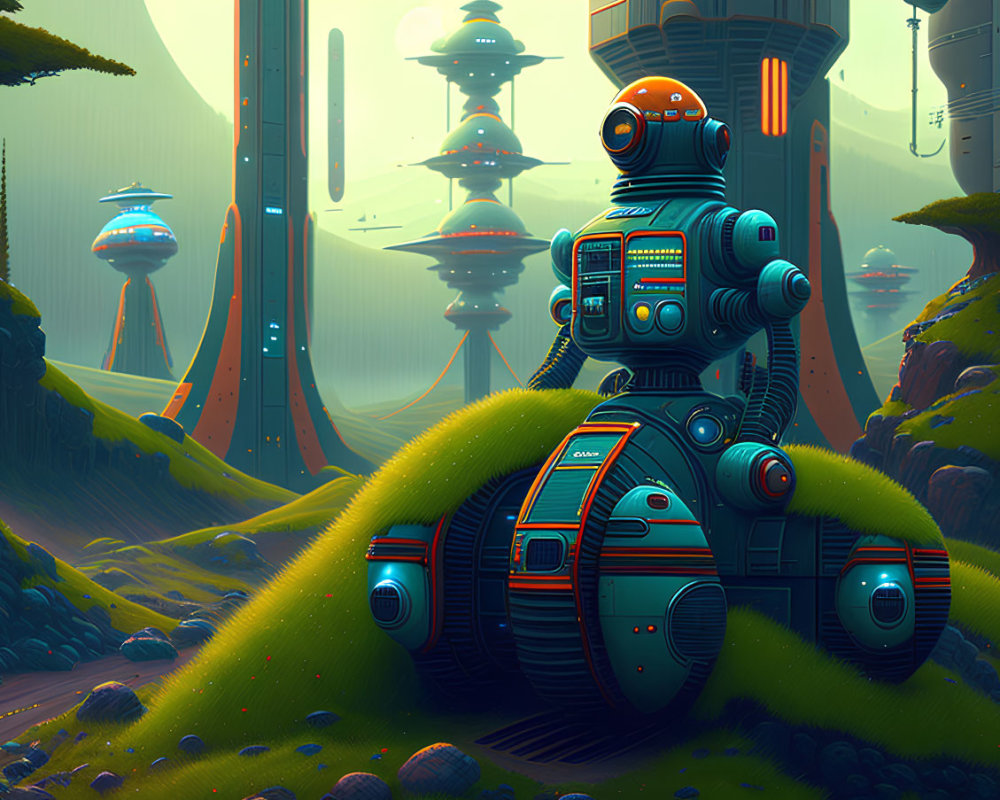 Futuristic robot in lush green landscape with alien structures and spacecraft