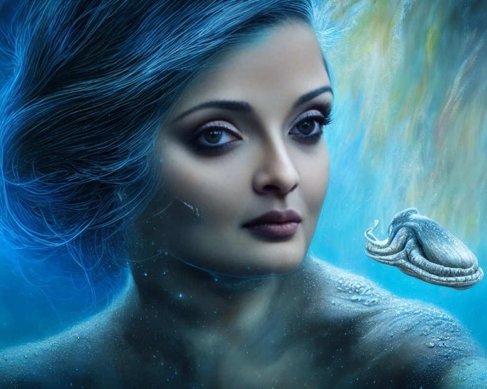 Fantasy portrait of a woman with blue hair and octopus underwater