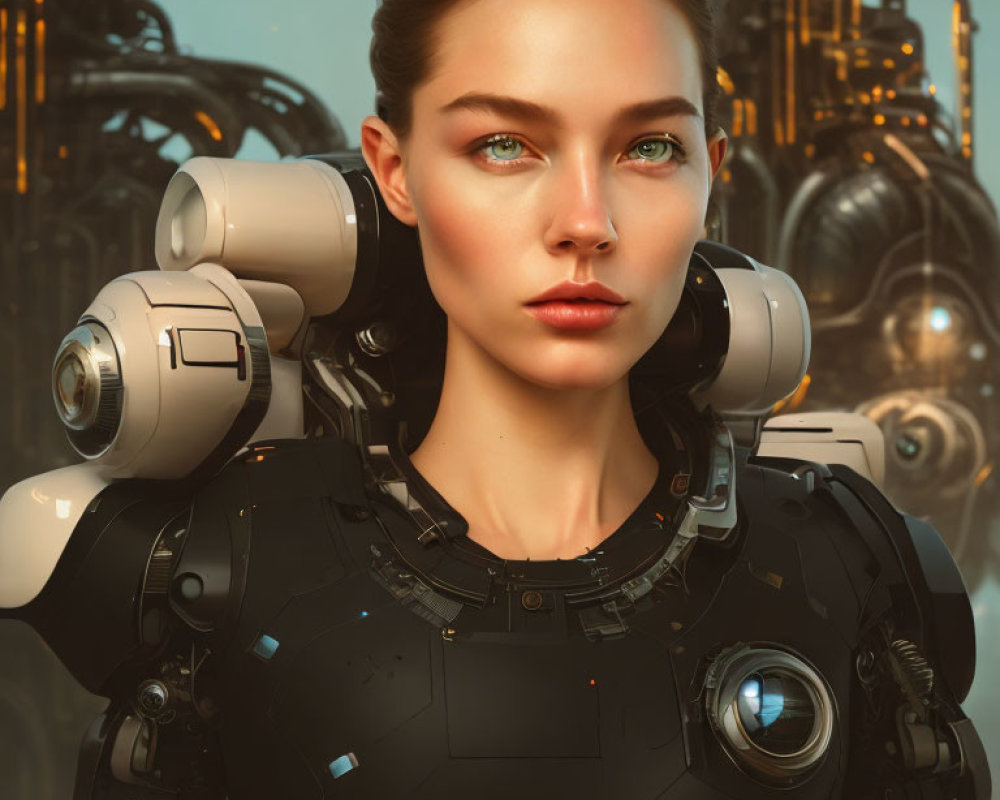 Digital portrait of woman with green eyes in robotic suit and mechanical background