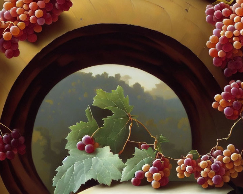 Grape clusters and leaves in stone archway framing pastoral landscape