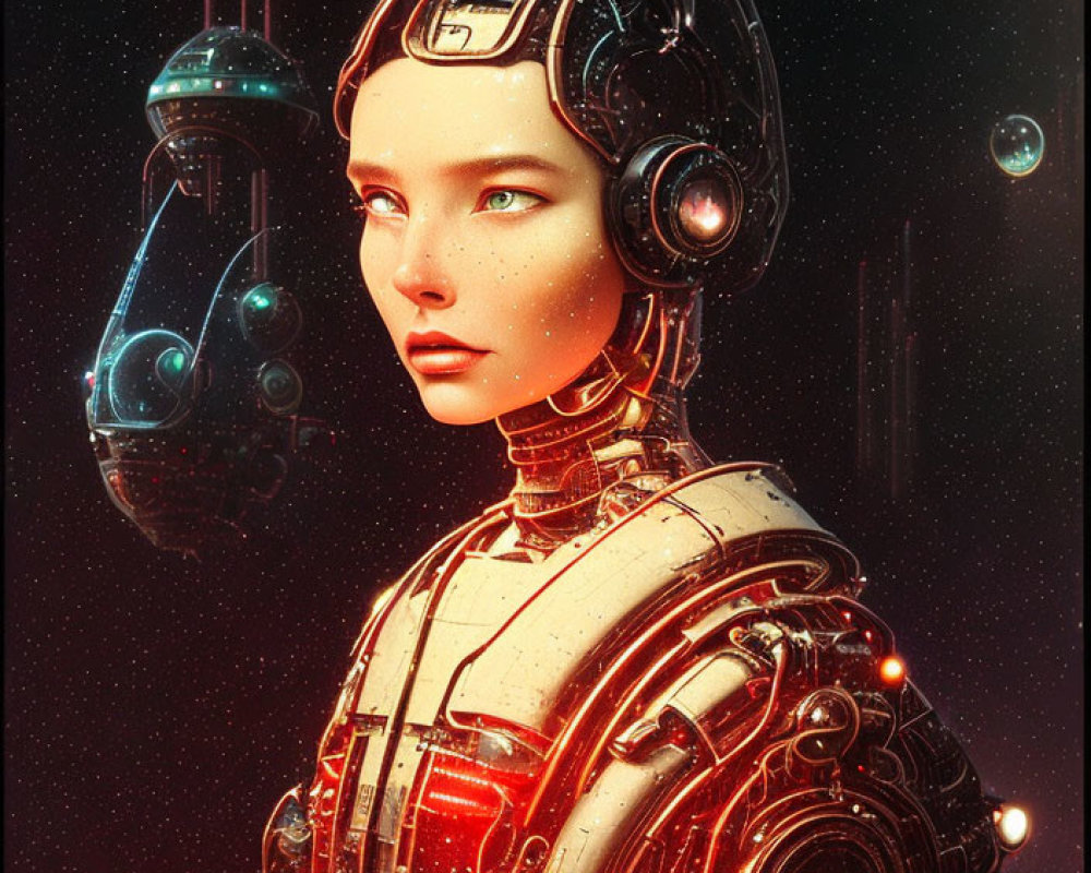 Robotic woman with glowing circuitry and mechanical orbs in futuristic setting