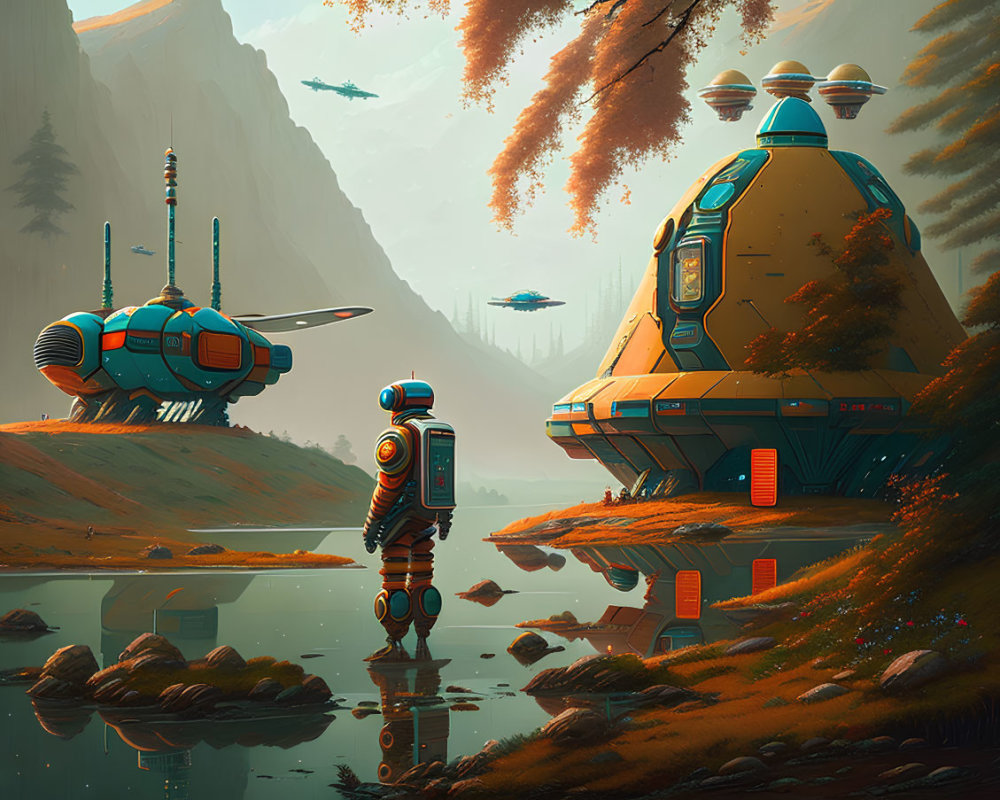 Futuristic robot, spaceship, and flying vehicles in orange sky landscape