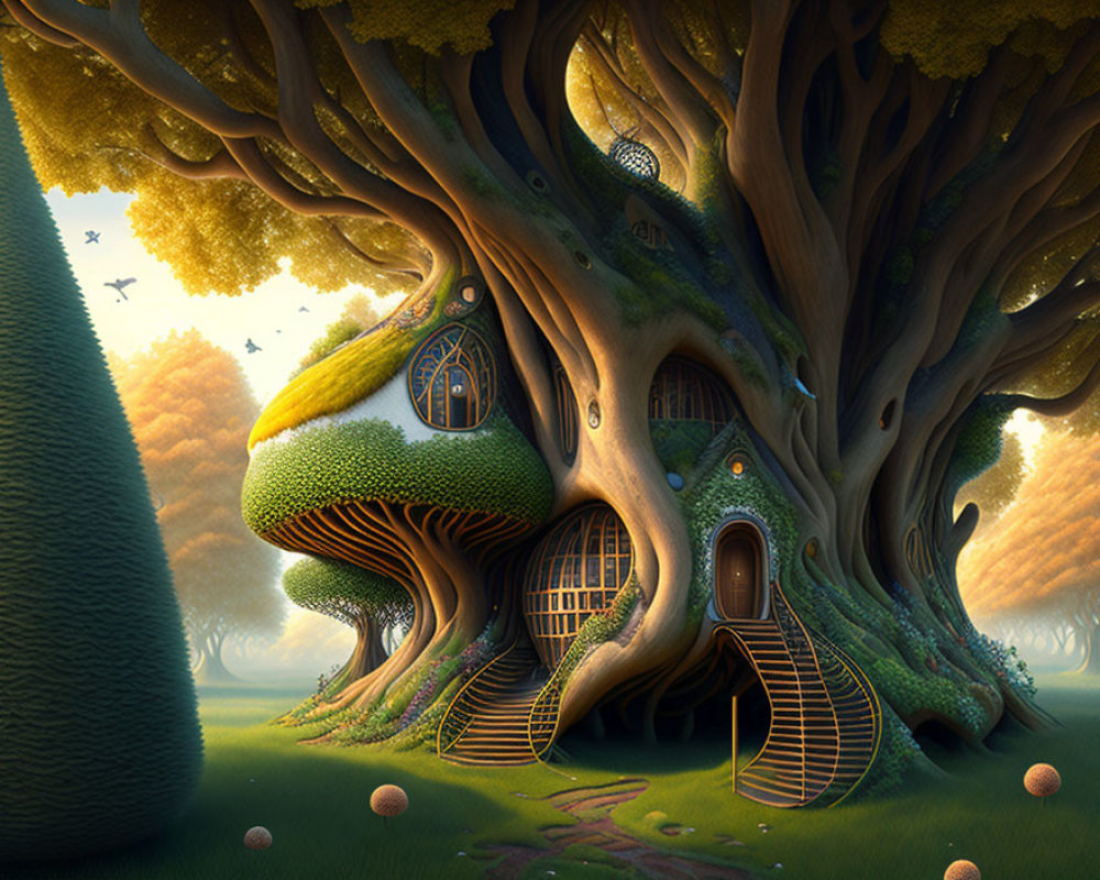 Fantasy treehouse illustration in magical forest with curved stairways