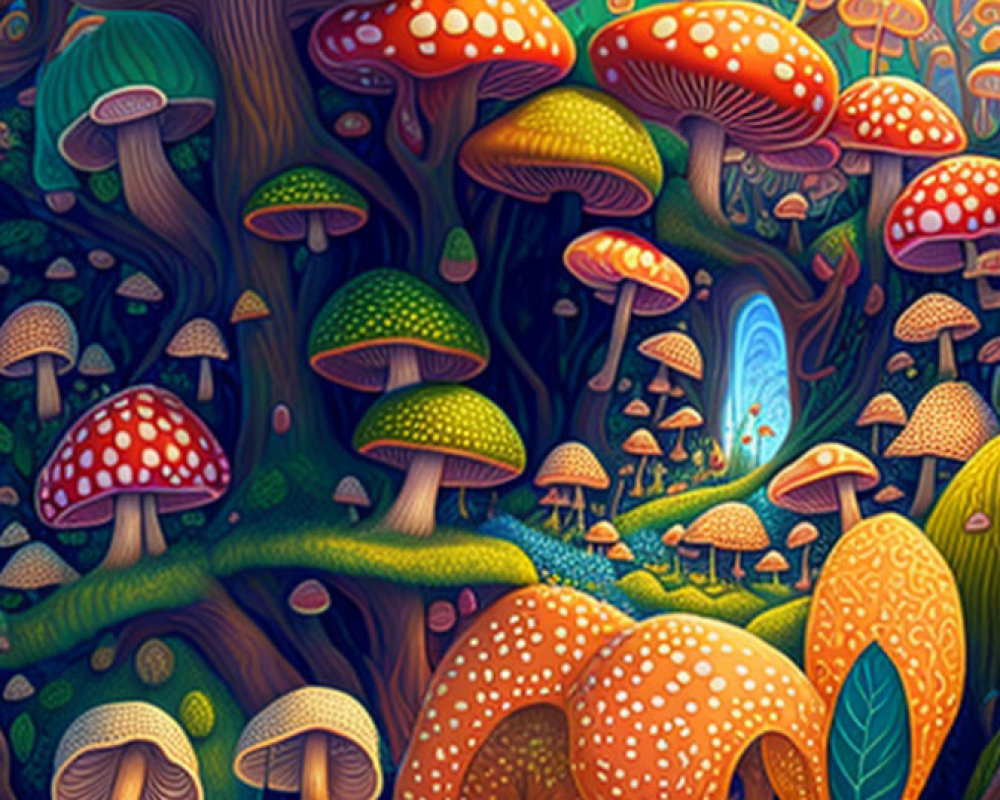 Colorful Mushroom Forest Scene with Mystical Glow