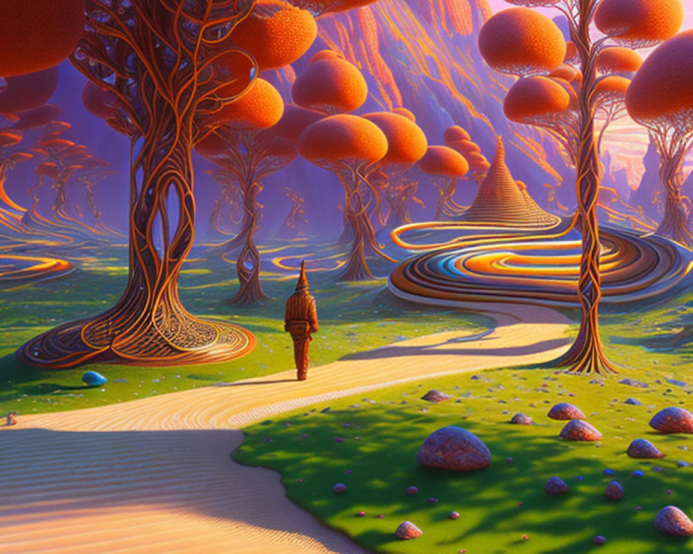 Person Walking on Sandy Path Through Vibrant, Otherworldly Forest