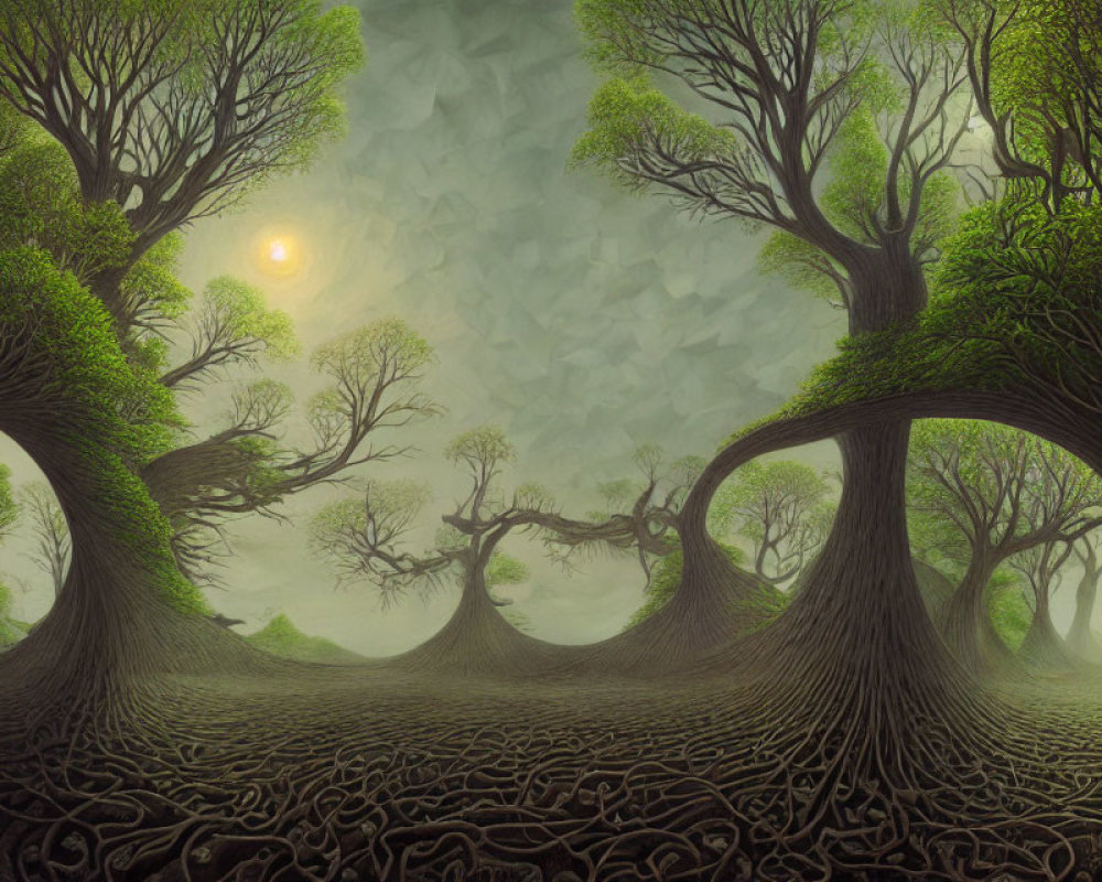 Twisted trees and vibrant green foliage in dreamlike forest