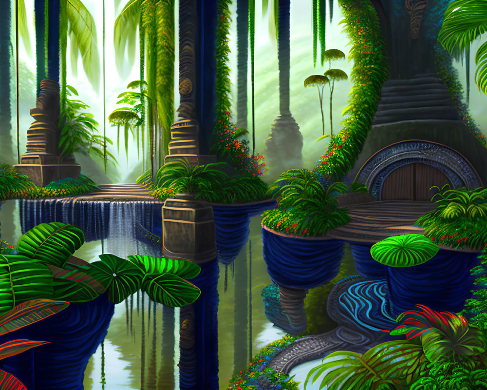 Enchanted jungle scene with river, ruins, and mist