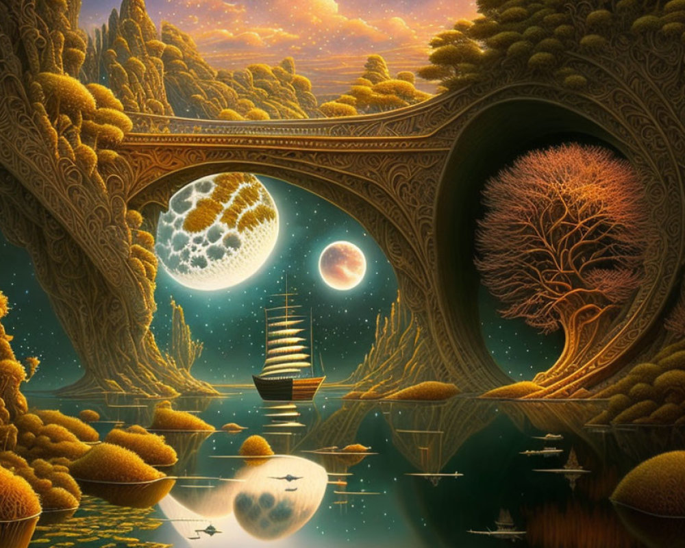 Fantastical landscape with ornate bridge, glowing moon, lone ship, and starry skies