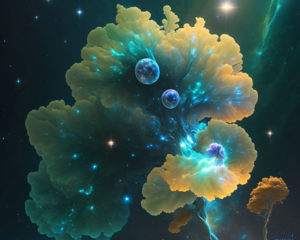 Colorful digital artwork featuring coral-like structures, planets, and stars.