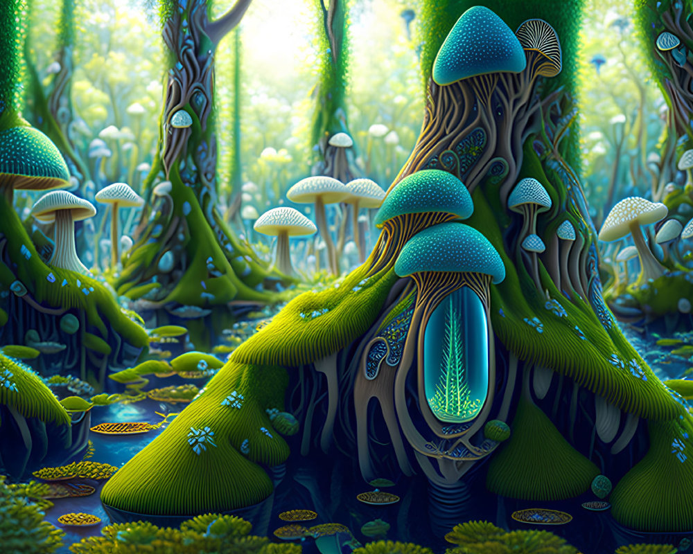 Fantastical forest scene with luminescent blue mushrooms and lush greenery