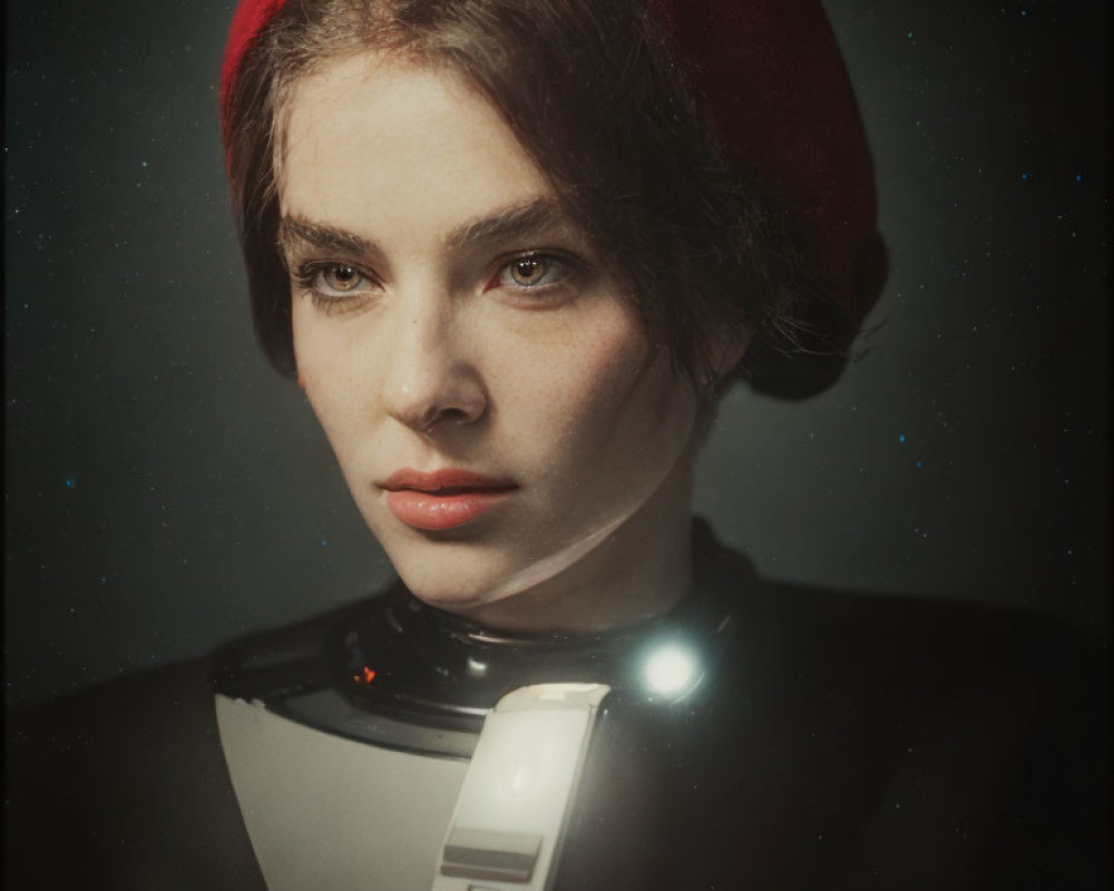 Person in Red Beret with Futuristic Neck Device in Starry Background