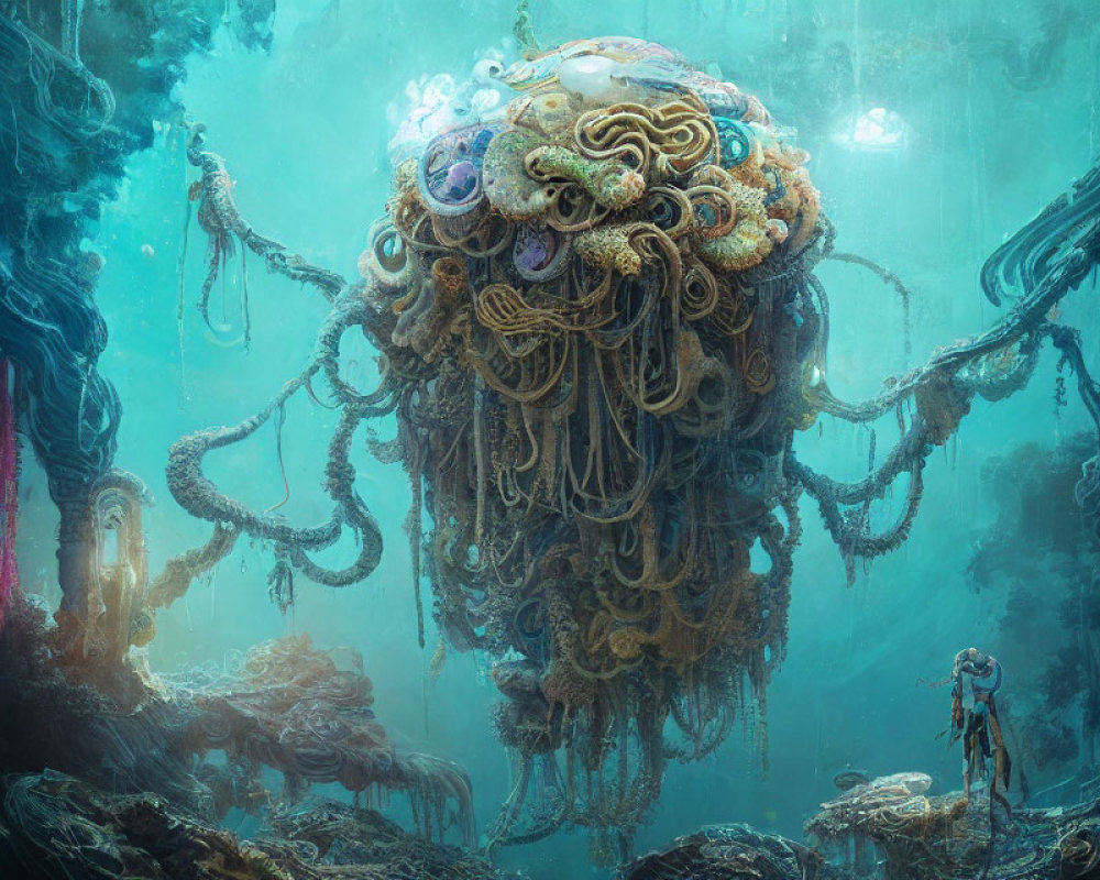 Gigantic tentacled sea creature and diver in underwater scene