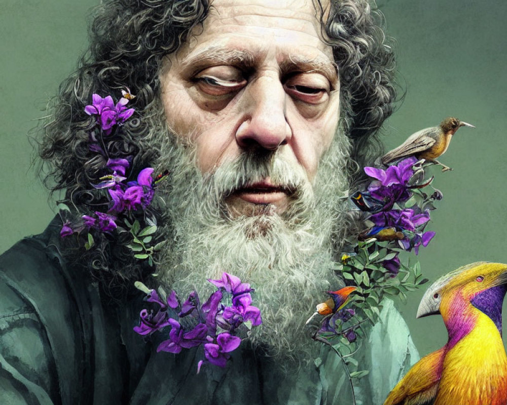 Man with Graying Beard and Purple Flowers, Birds Perched