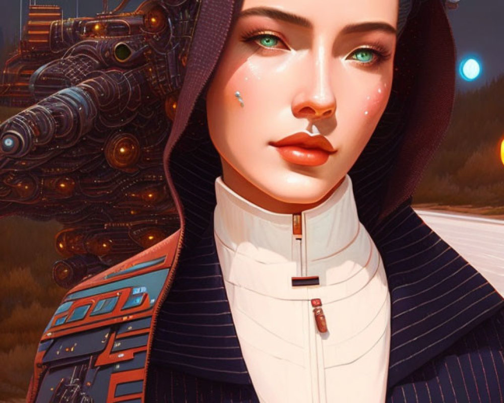 Futuristic digital artwork of woman in navy suit with teal eyes in sci-fi setting