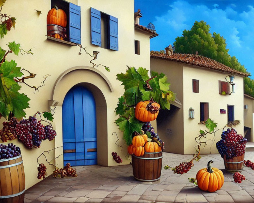 Charming Autumn Street Scene with Pumpkins and Grapevines