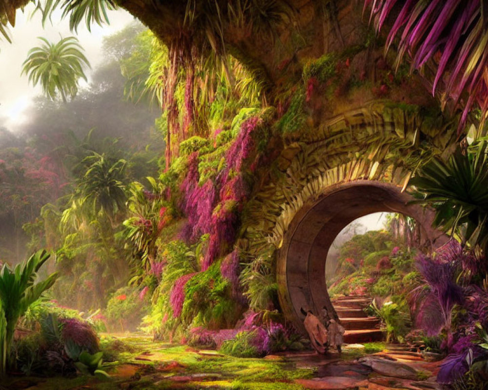 Vibrant jungle scene with moss-covered stone archway and colorful flora